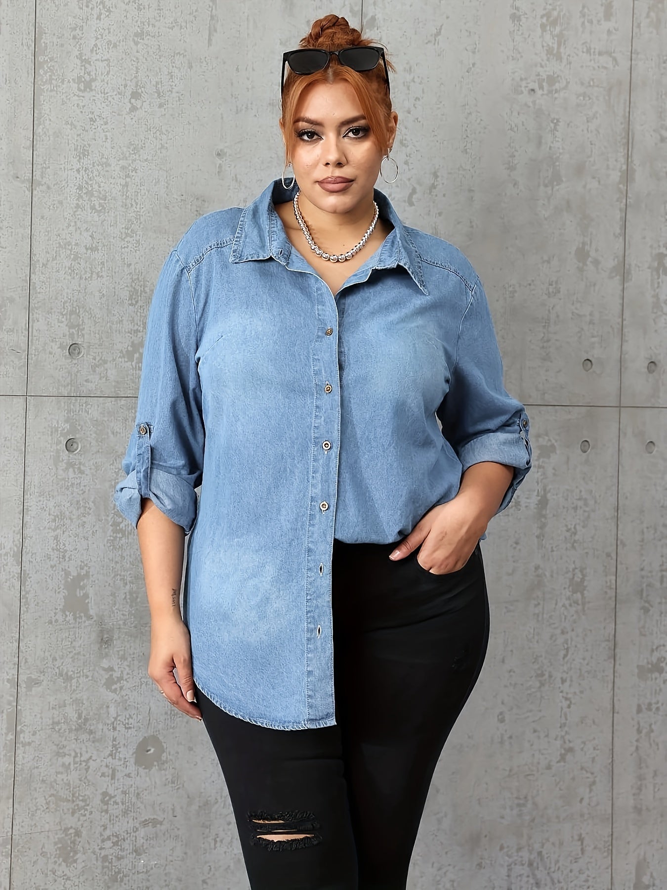 Preppy Denim Top Women's Button Up Roll Sleeve Turn Collar Blouse