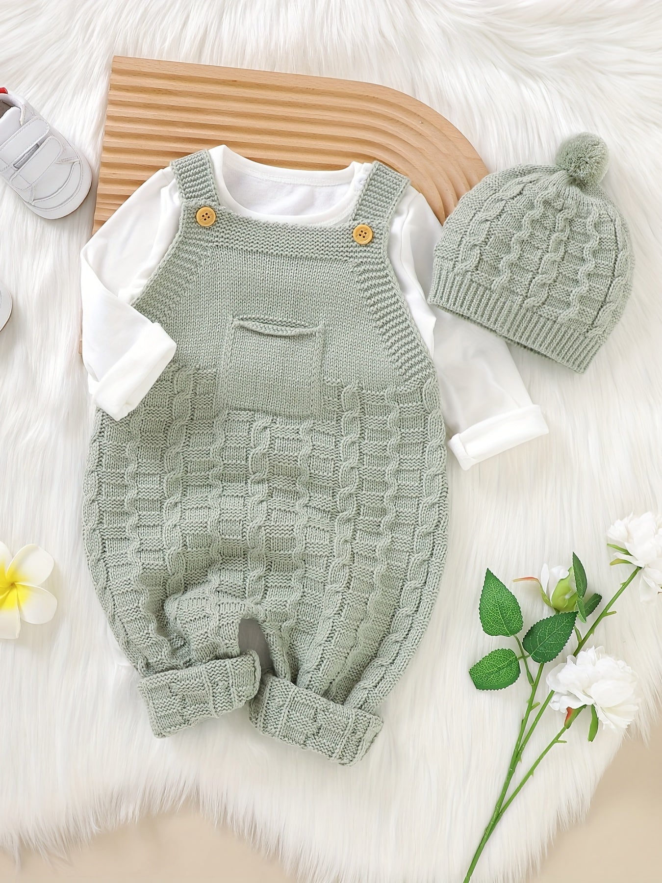 Baby Knitted Suspenders Romper & Hat Set
