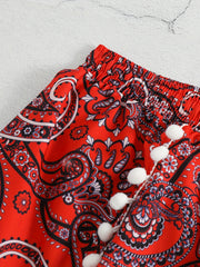 Boho Shorts Women's Plus Paisley Print Pompom Trim Elastic Vacay Short