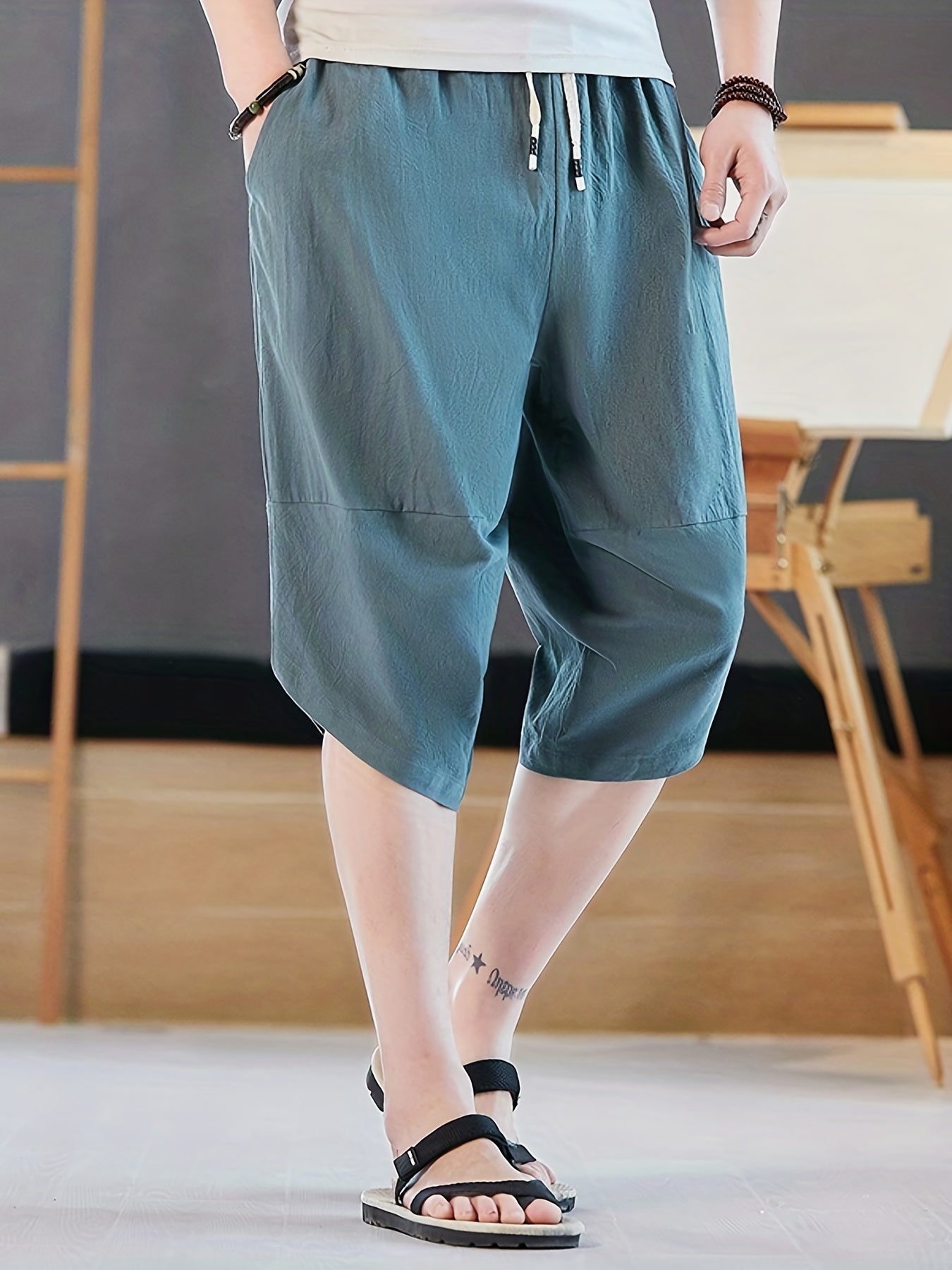 Men's Cotton Solid Shorts Casual Elastic Waist Drawstring