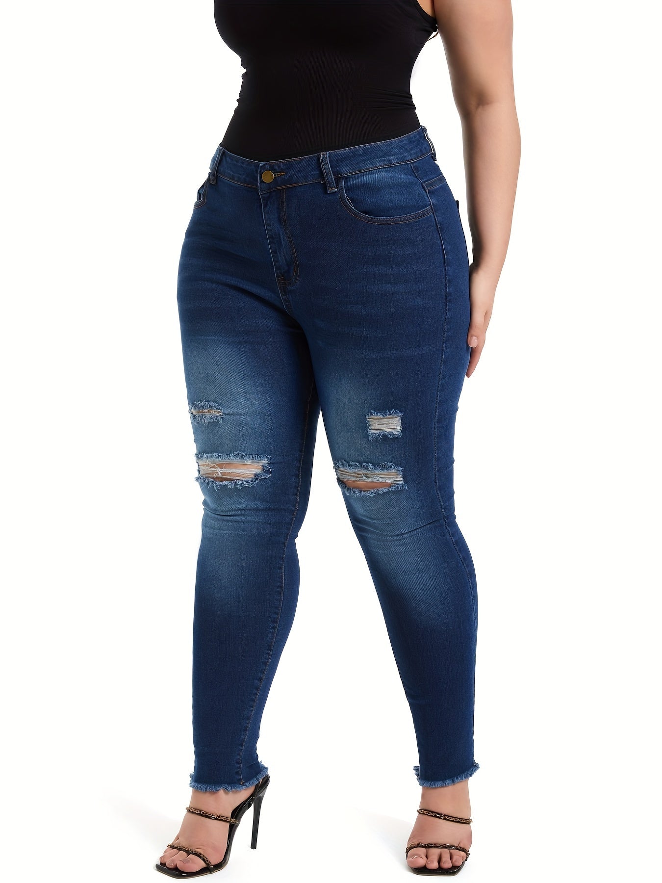 Plus Ripped Button Fly High Rise Tapered Jeans