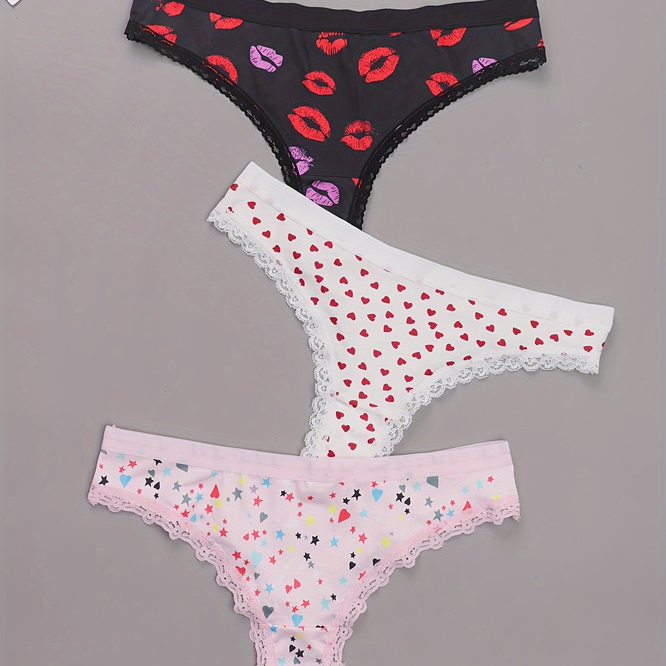 3 Pack Plus Size Panties Set Women's Plus Star & Heart & Kiss Print