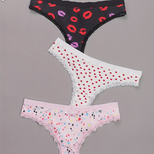 3 Pack Plus Size Panties Set Women's Plus Star & Heart & Kiss Print