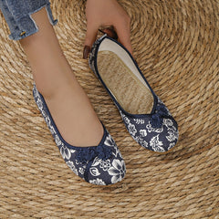 Women's Floral Printed Linen Flat Shoes Slip On Canvas Flats