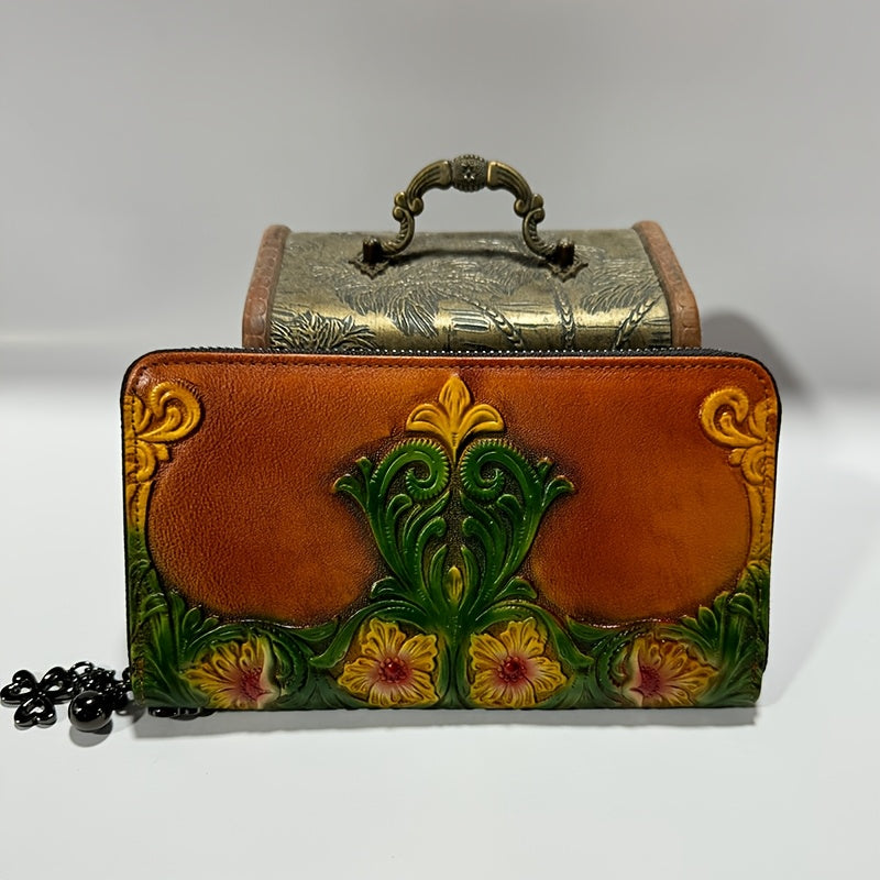 Vintage Floral Print Leather Women's Wallet with Wrist Strap Red
