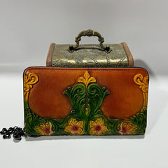 Vintage Floral Print Leather Women's Wallet with Wrist Strap Red