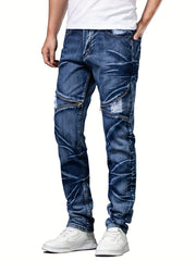 Men's Zipper Tie Dye Ripped Jeans Casual Street Style Denim Pants