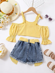 Girls Cold Shoulder Plaid Crop Top & Denim Shorts Set Summer Clothes