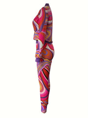 Women's Plus Print Long Sleeve Stand Collar Zipper Jacket & Pants Two Piece Set