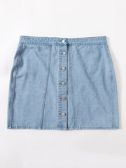 Button Front Mini Denim Skirt Women's Plus Solid Mini Denim Skirt