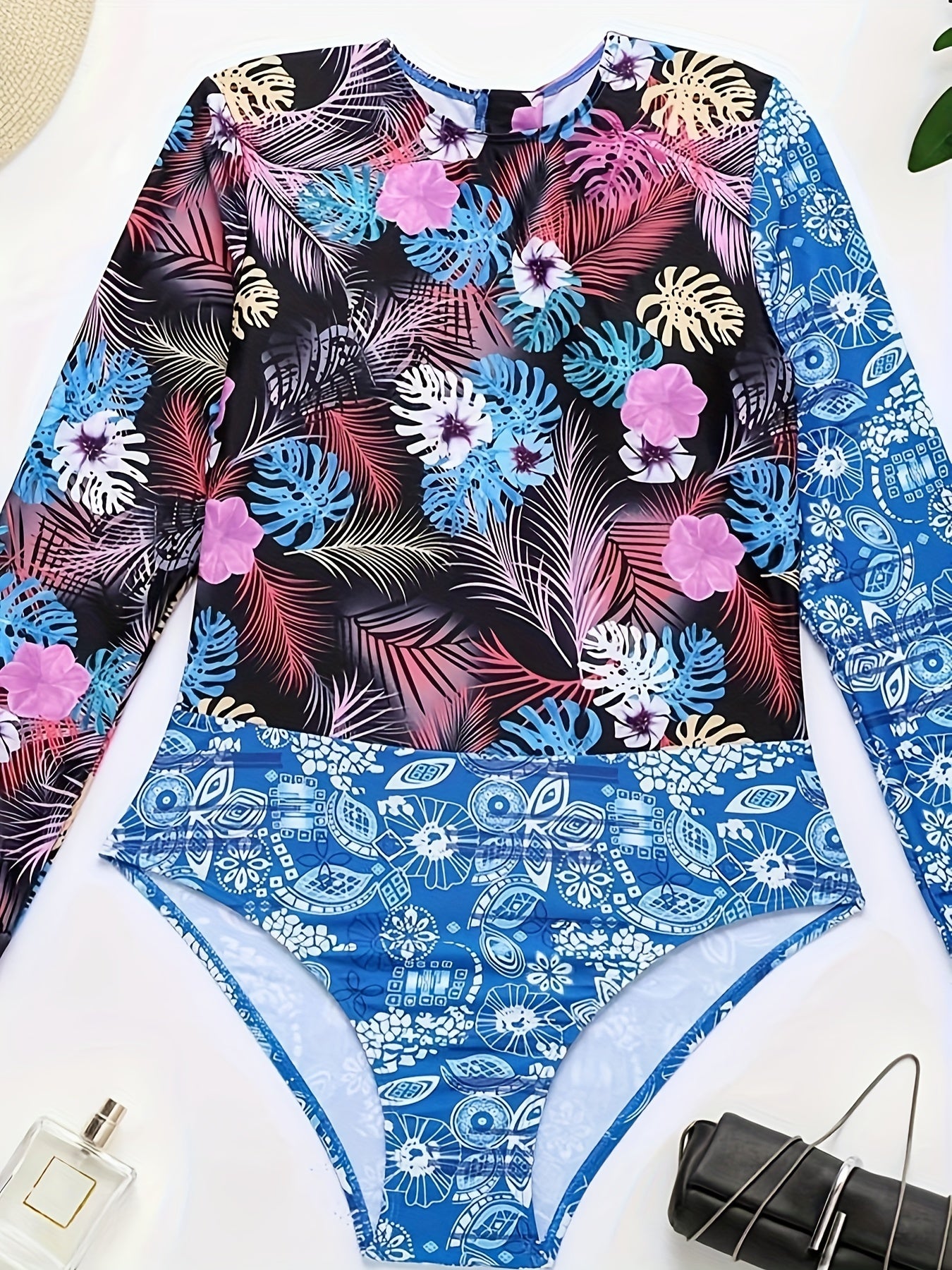 Boho Swimsuit Colorblock Floral & Leaf Print Long Sleeve