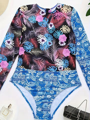 Boho Swimsuit Colorblock Floral & Leaf Print Long Sleeve