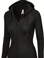 Solid Zipper Kangaroo Pocket Hoodie Casual Drawstring Hoodies