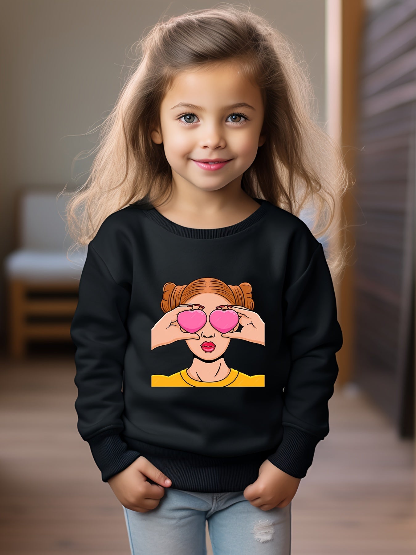 Girls Girl Pattern Crew Neck Long Sleeve Sweatshirt For Spring Fall