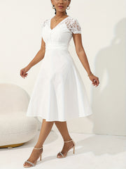 V Neck Button Front Wedding Dress Short Sleeve Dress