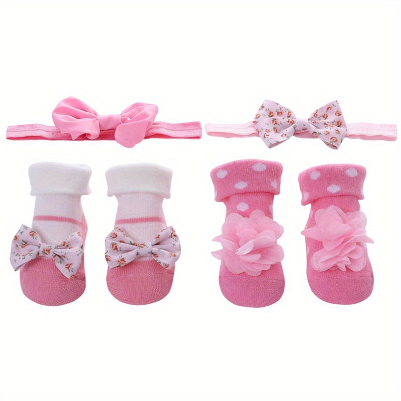 4pcs Baby Girls Princess Bow Striped Cotton Flip Socks & Flower Headband Set