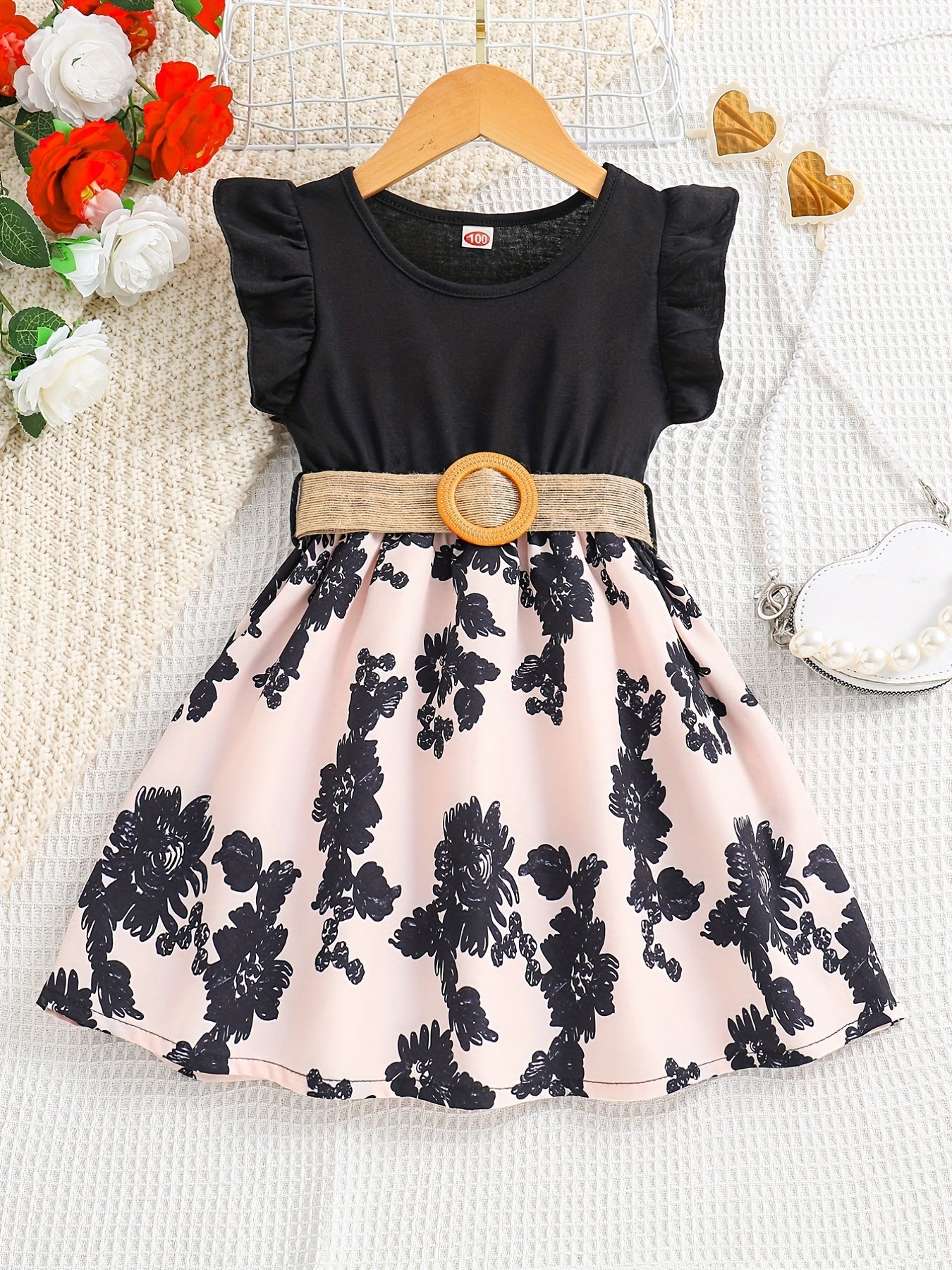 Girls Sleeveless Ruffle Crew Neck Flowers Print Splicing Princess Dress