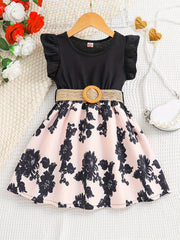 Girls Sleeveless Ruffle Crew Neck Flowers Print Splicing Princess Dress