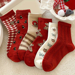 6 Pairs Cartoon Bear Print Socks - Chinese Year Women's Stockings