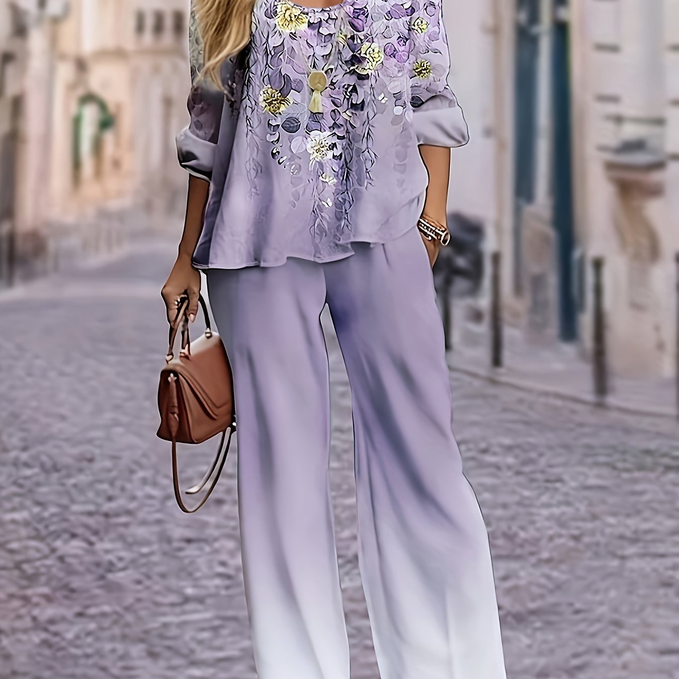 Women's Plus Floral Print Top & Ombre Pants 2-Piece Set