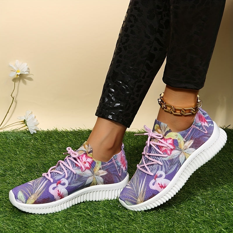 Floral Print Sneakers Lace Up Low Round Toe Casual Flatform Shoes