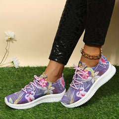 Floral Print Sneakers Lace Up Low Round Toe Casual Flatform Shoes