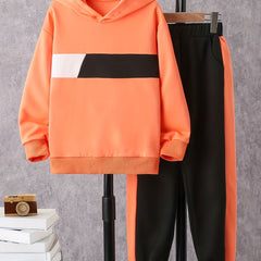 Boy's 2pcs Hoodie & Pants Set Clash Hooded Top Casual Outfits