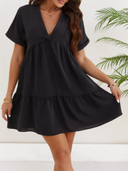 Ruched V Neck Dress Short Sleeve Casual Dress