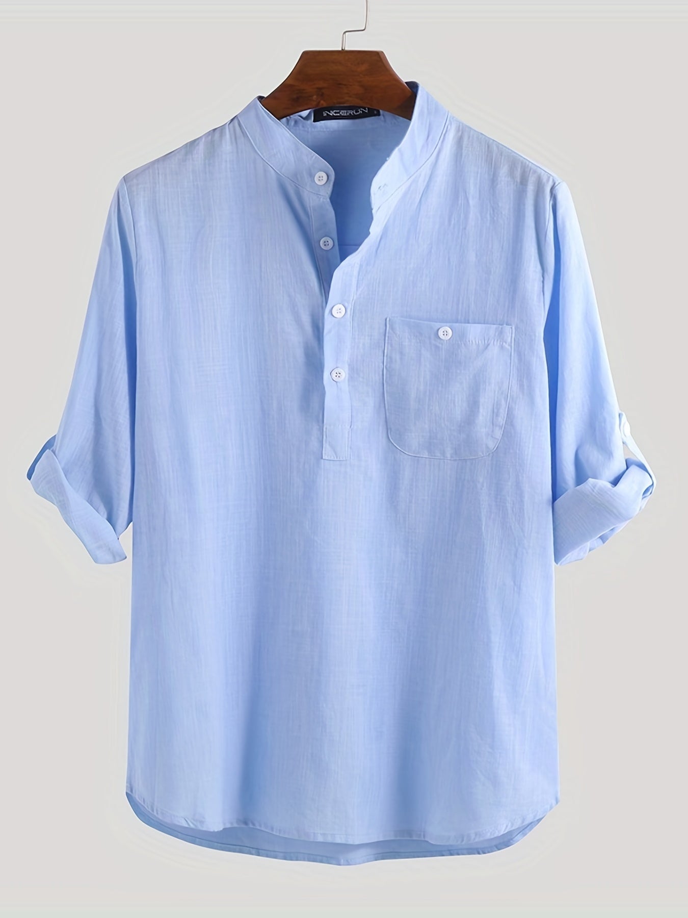 Men's Solid Short Sleeve Stand Collar Shirt