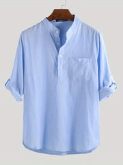 Men's Solid Short Sleeve Stand Collar Shirt