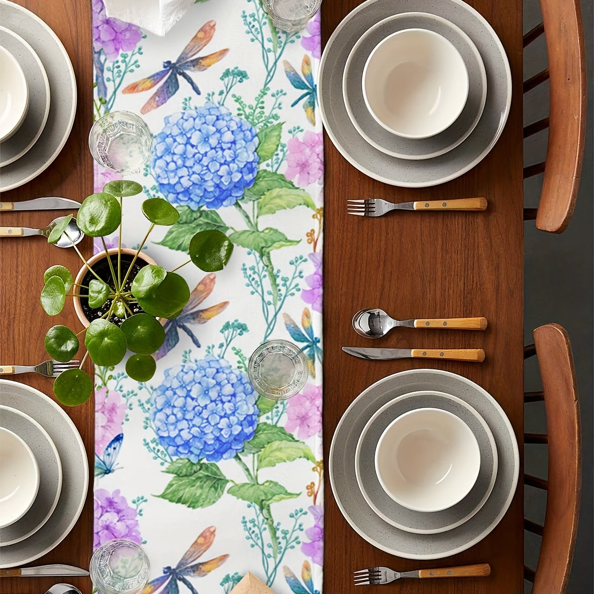 Long Spring & Purple Floral Hydrangea Watercolor Table Runner