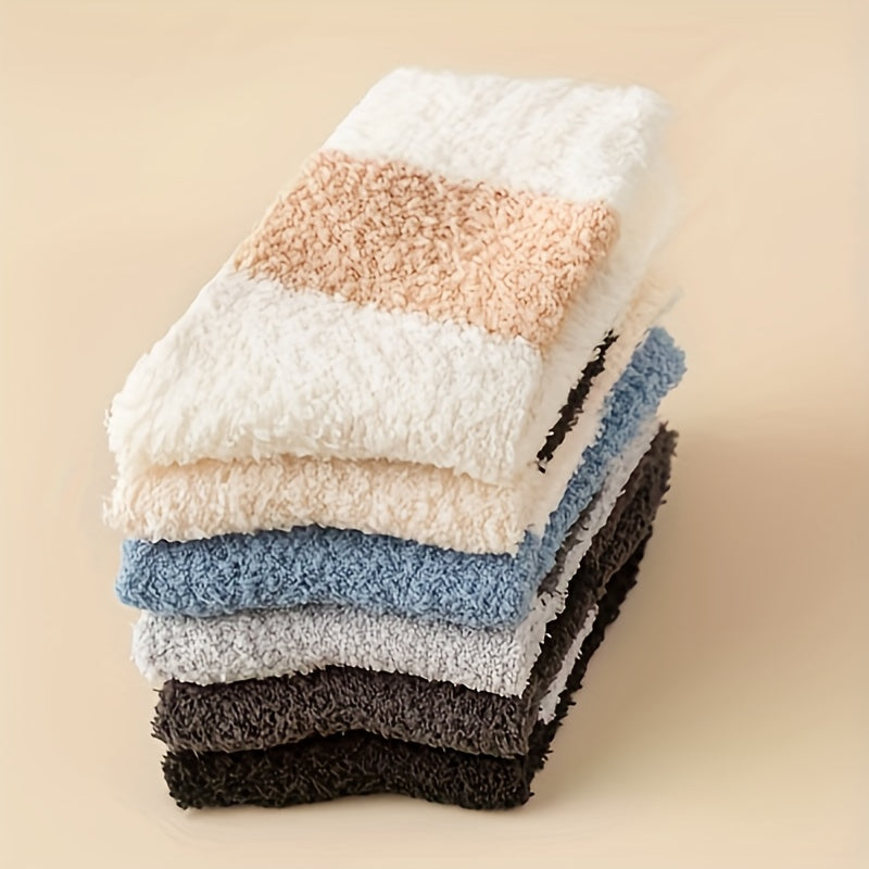 6 Pairs Colorblock Fuzzy Socks - Warm Mid Tube Stockings