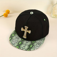 Rhinestone Cross Patch Snapback Hat Green Snake Pattern Sun