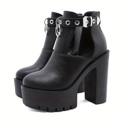 Women's Block Heel Platform Pumps Cutout Buckle Strap Shoes