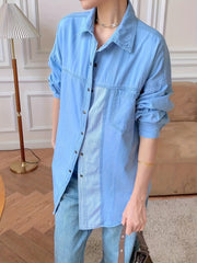 Colorblock Stripe Denim Blouse Button Down Long Sleeve