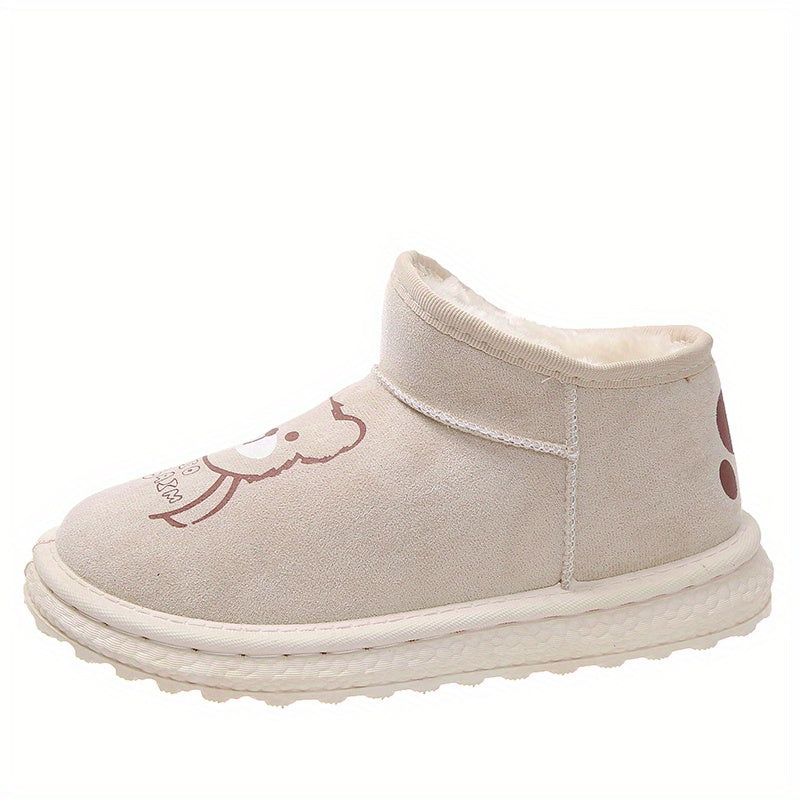 Women's Bear Pattern Plush Thermal Snow Boots Slip-on Flat Walking Shoes