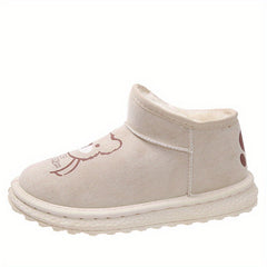 Women's Bear Pattern Plush Thermal Snow Boots Slip-on Flat Walking Shoes