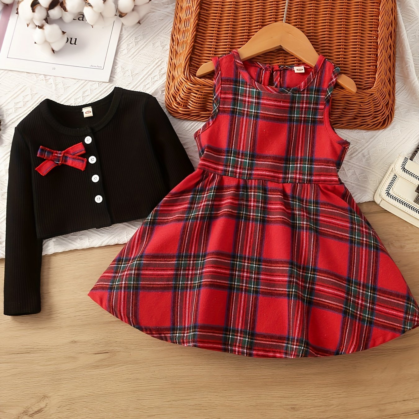 Toddler Girl's Plaid Dress & Cardigan Set for Spring Autumn Christmas