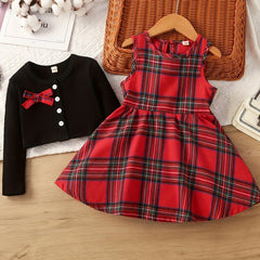 Toddler Girl's Plaid Dress & Cardigan Set for Spring Autumn Christmas