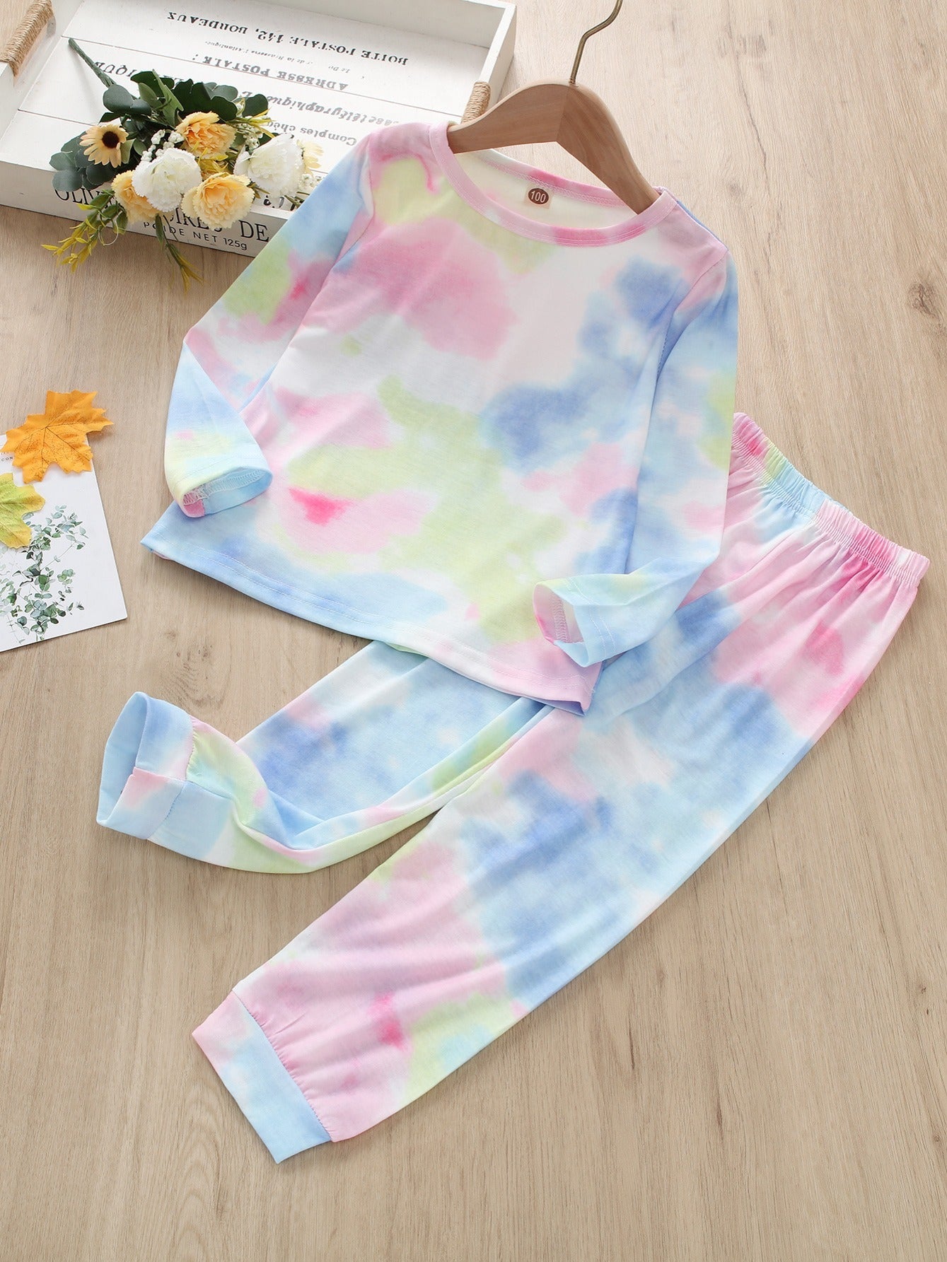 2pcs Toddler Girls Pink Tie Dye Print Long Sleeve Pants