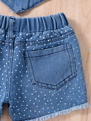 Girls Polka Dot Heart Halter Crop Top & Denim Shorts Set