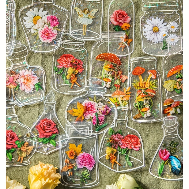 40pcs Transparent PET Jar Flower Fairy Stickers Decals Vintage Waterproof Bulk