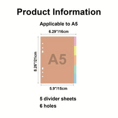Plastic A5 Binder Index Dividers Multicolor Tabs, 6 Hole Binder