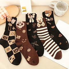 5 Pairs Bear & Bow Print Socks Women's Mid Tube Stockings
