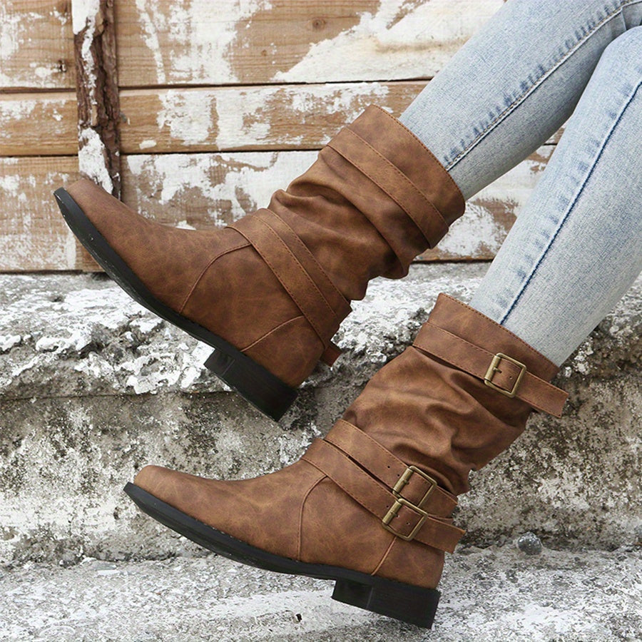 Women's Buckle Strap Chunky Heel Cowboy Boots