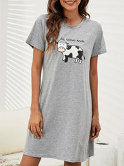 Cartoon Cow Pattern Lounge Dress Soft & Comfy Short Sleeve Home Dress