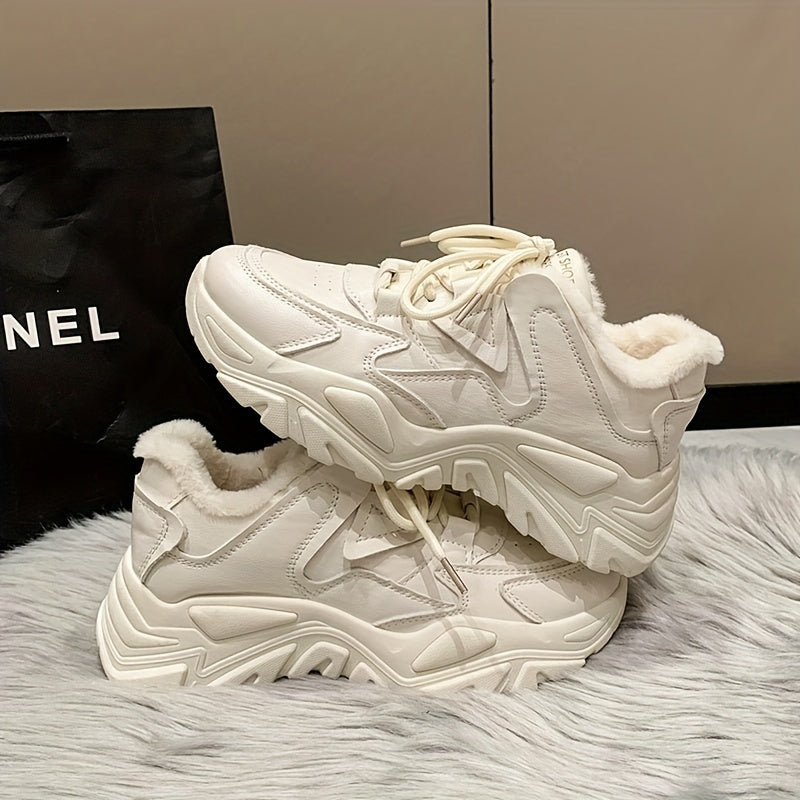 Women's Plush Lined Chunky Sneakers Solid Lace Up Low Top Trainers