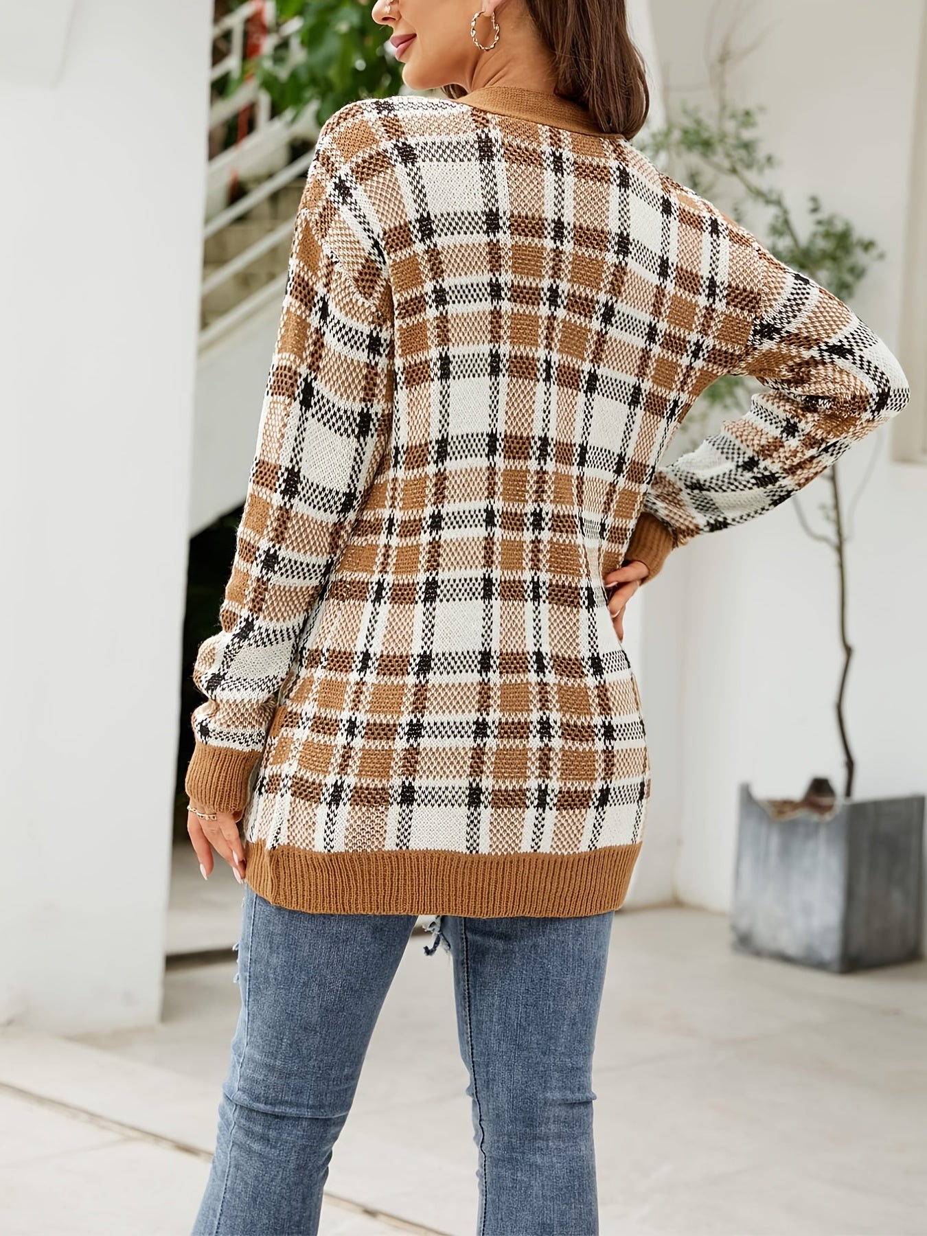 Plaid Print Long Sleeve Button Up Cardigan with Pockets
