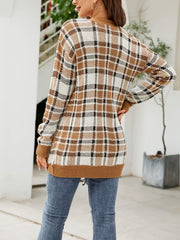 Plaid Print Long Sleeve Button Up Cardigan with Pockets