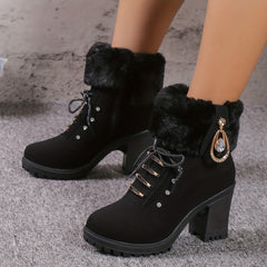 Plush Heeled Ankle Boots with Rhinestone Decor Side Zipper Thermal Chunky Heels